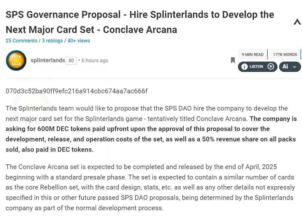 SPS Governance Proposal - Hire Splinterlands to Develop the Next Major Card Set - Conclave Arcana