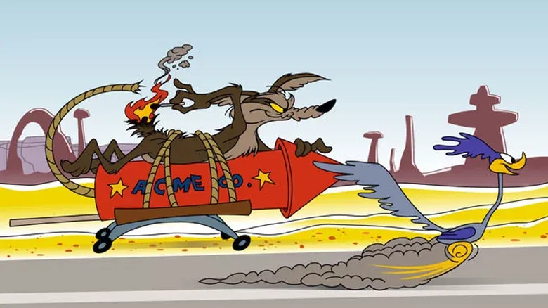 Wile E. Coyote on an ACME rocket chasing the Road Runner