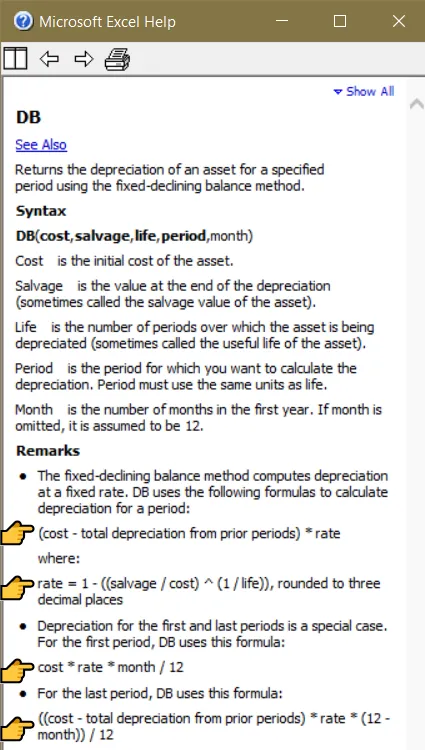 Excel 2003 Help page for DB