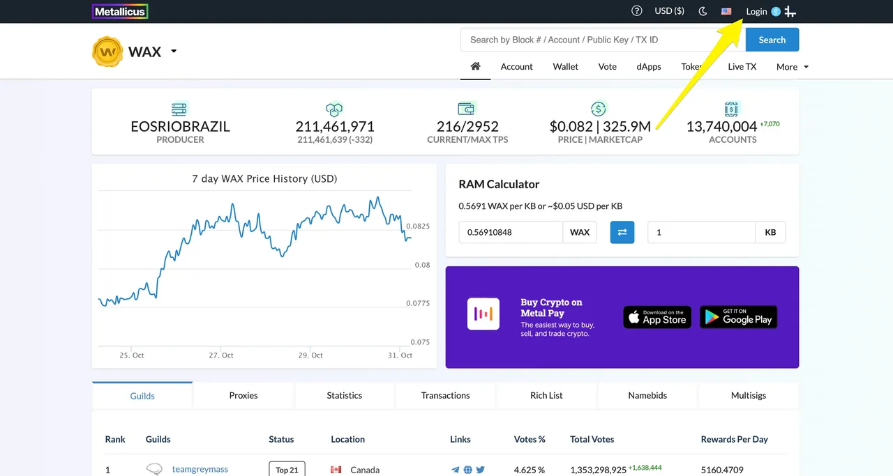 Connect your WAX address by logging into wax.bloks.io.