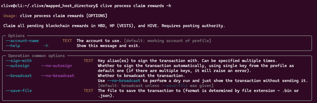 clive process claim rewards -h