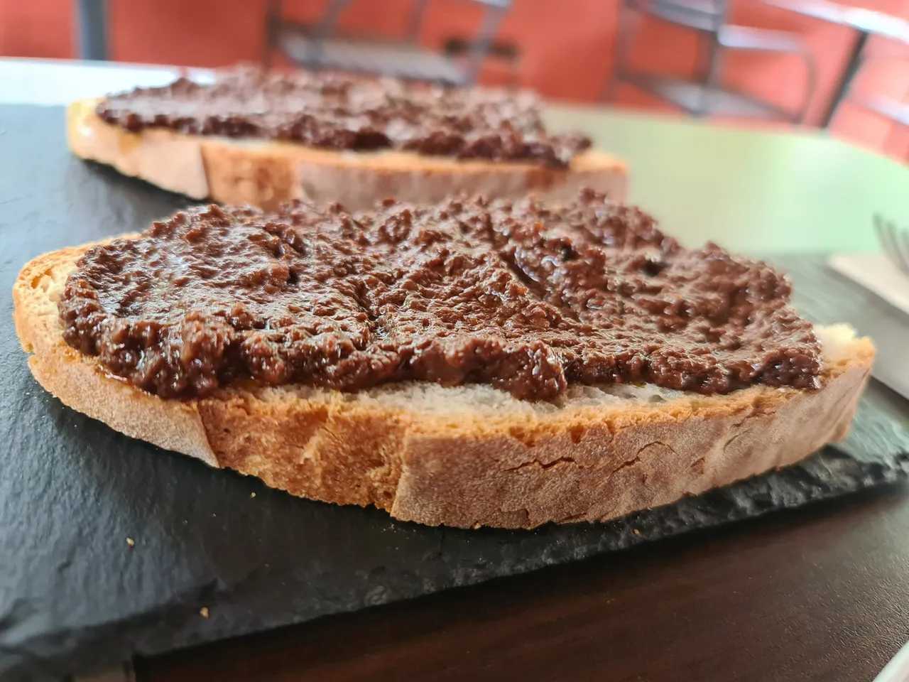 Matachana blood sausage toast starter (it’s a unique kind of blood sausage from León that it’s eaten out of its casing -they don’t wrap it-, warm and spread on a toast - locals call it ”the caviar from Picos de Europa” (€4.50) (1).