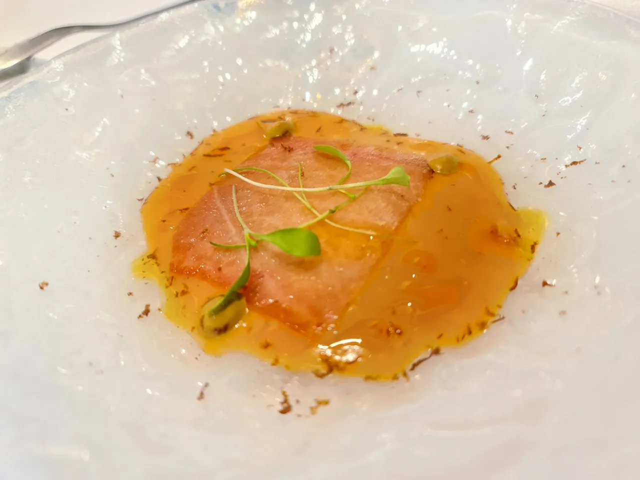 Cured bluefin tuna belly with ”salmorejo” (similar to ”gazpacho”) and mole sauce (First main course) (3).
