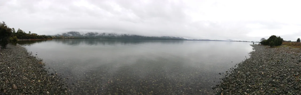 Panoramic from the east side of a cloudy Lake Te Anau