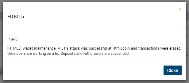 HTML5 COIN 51% attack notice on bleutrade