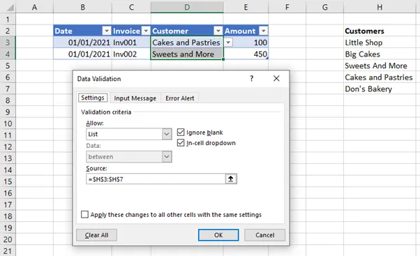 data validation in Excel