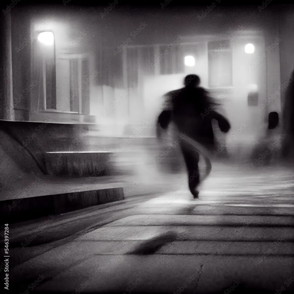 Shadowy figure running in the dark, motion blur, noir aesthetic, black and white, crime, thief, spy, stalker run away murder mystery (generative AI, AI) Stock Illustration | Adobe Stock