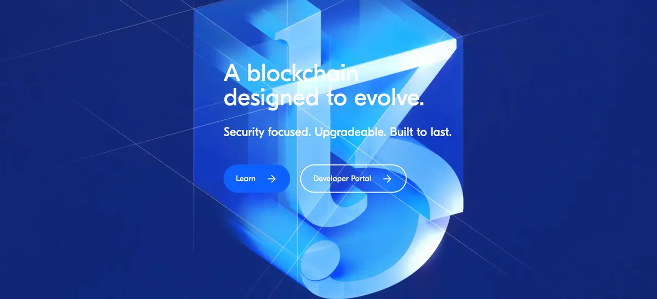 The main banner of the Tezos coin (XTZ)’s official website with the text security focused and built to last.