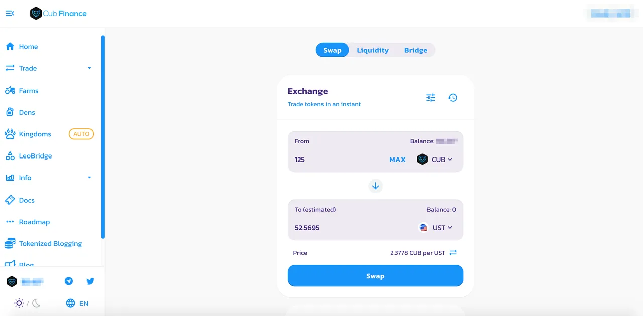 Screenshot of the Cub Finance exchange swapping CUB for UST.
