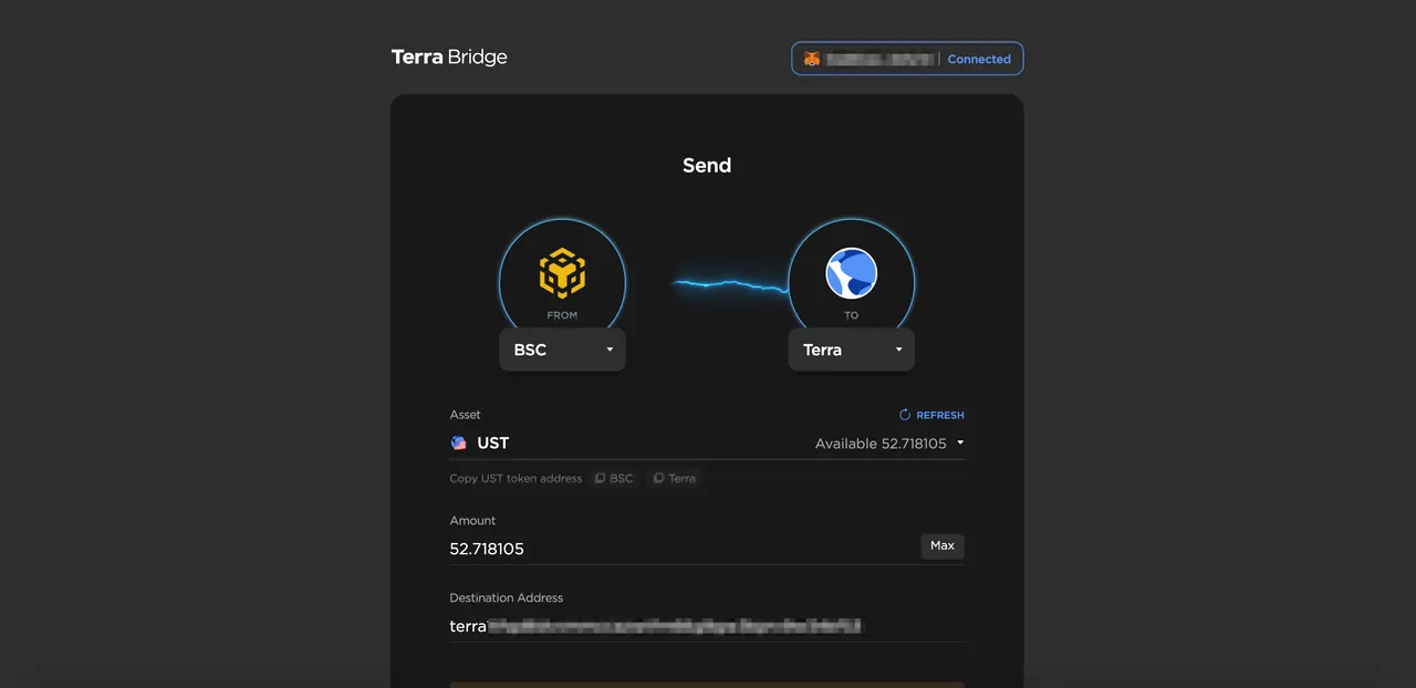 Screenshot of the Terra Bridge page showing BSC to Terra.
