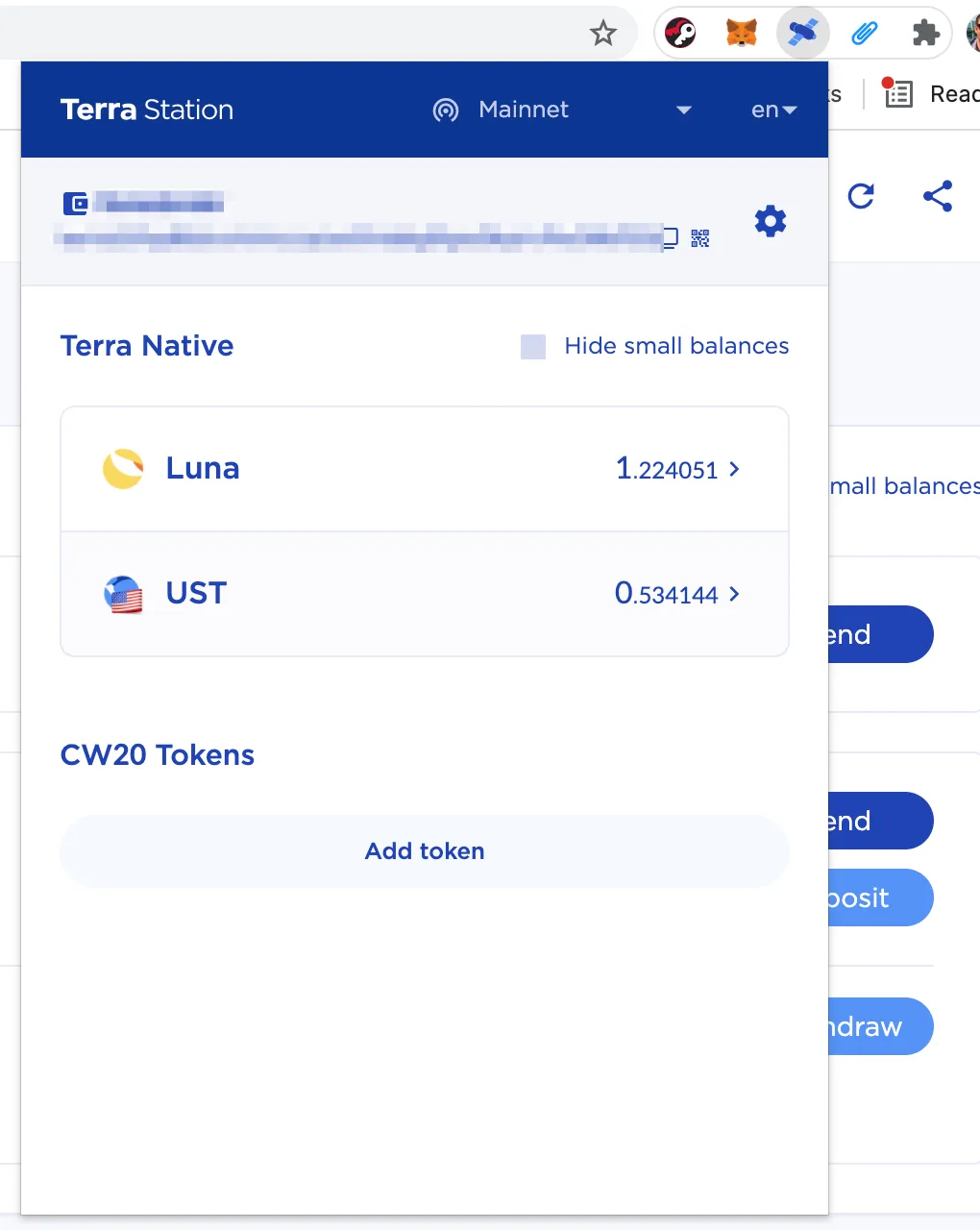 your wallet on Terra Station now showing a LUNA balance.