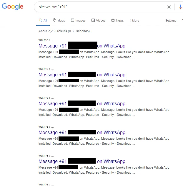 WhatsApp numbers in Google Search