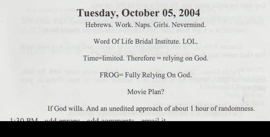 2004-10-05 - Tuesday - 01:30 PM - Xanga Post, Joey Arnold - FROG, Bridal Institute.png
