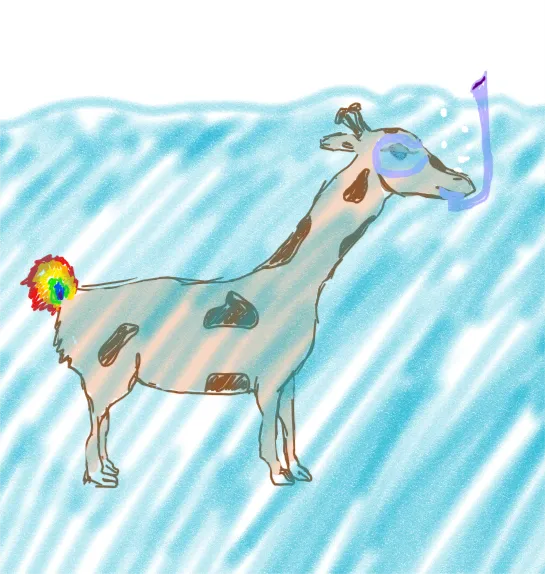 giraffe head on a goat body, with a rainbow colored bunny tail, and a snorkle.png