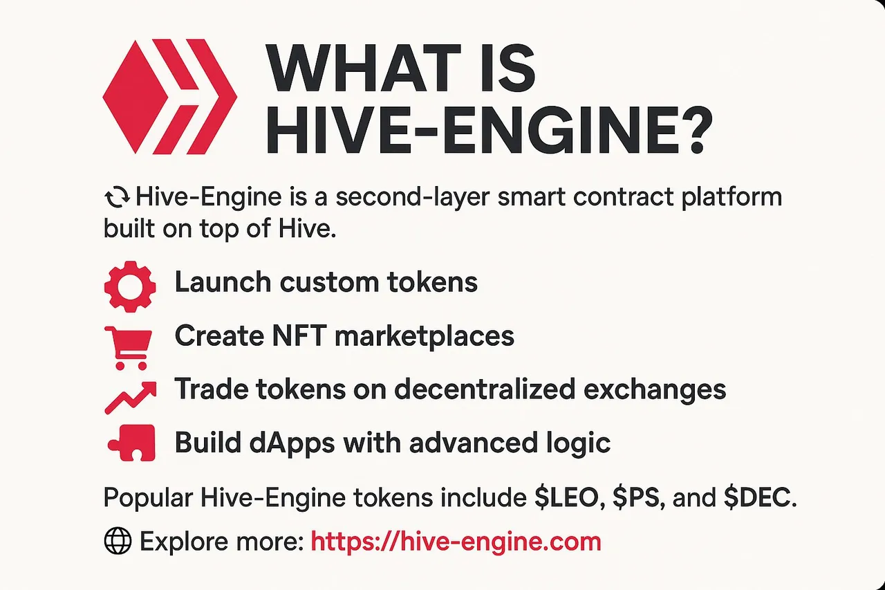 bhattg on X: "What is Hive-Engine? 🔁 Hive-Engine is a second-layer smart  contract platform built on top of Hive. It allows users to: ⚙️ Launch  custom tokens 🛒 Create NFT marketplaces 📈