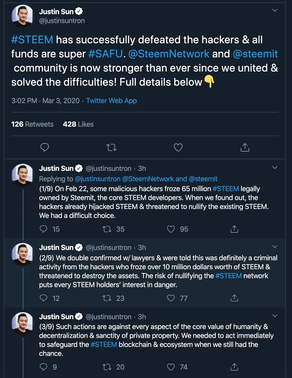 Justin Sun is calling SF222 supporting Steem Witnesses hackers
