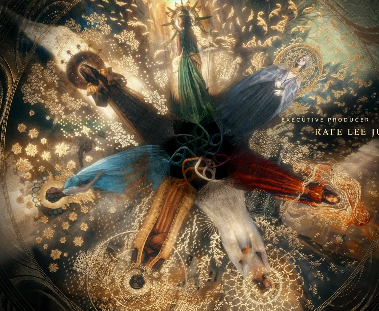 Screenshot of the opening computer-generated graphic in the Wheel of Time television show, depicting an artistic rendering of 7 women in a mural design around a seven-pointed star