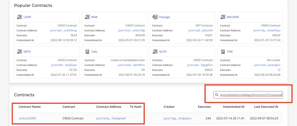 searching smart contracts on JUNO block explorer