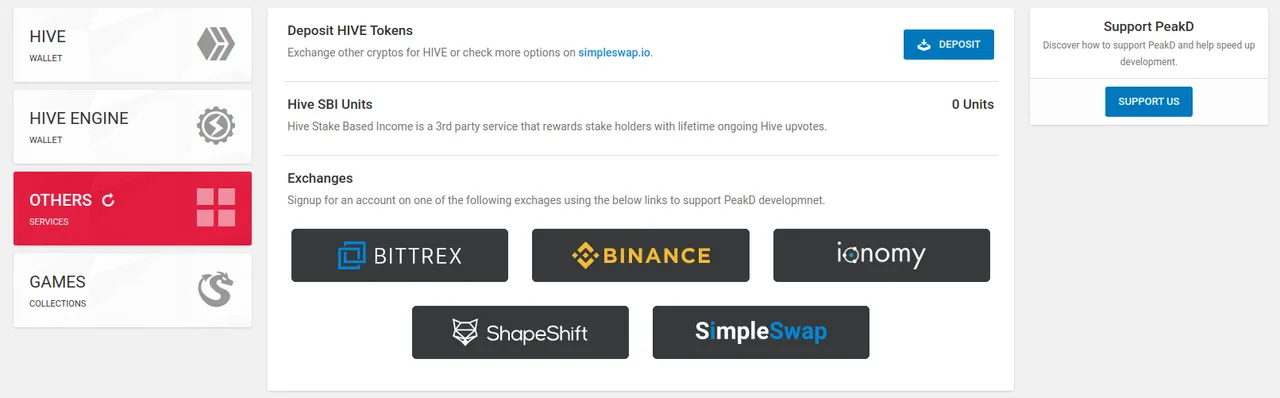 Exchanges listed in the Wallet page
