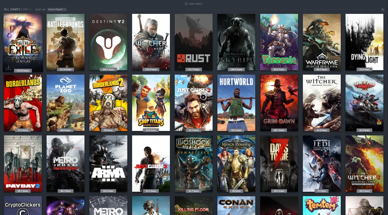My Steam library sorted by hours played