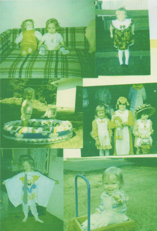 1980s - Katie, couch, patch or strawberry contest, clown Halloween, Crystal dress 92, pool, baby scooter, collage of six photos, 1pic.png