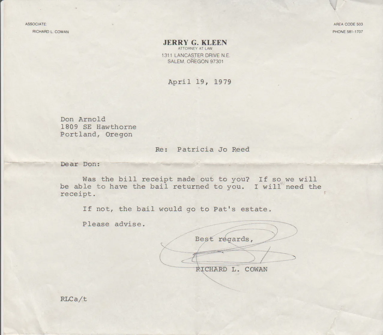 1979-04-19 - Thursday - Don Arnold Bail Bill Return Letter Option, Patricia Jo Reed, Jerry G Kleen, 1809 SE Hawthorne, Portland, OR.png