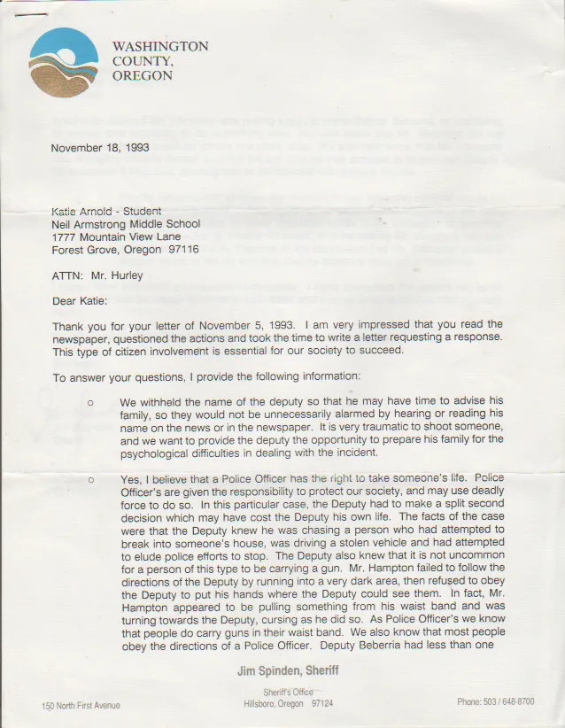 1993-11-18 - Saturday - Hillsboro OR Sheriff Jim Spinden to Katie Arnold on the death penalty, 2 pages, reviewing a specific case-1.png