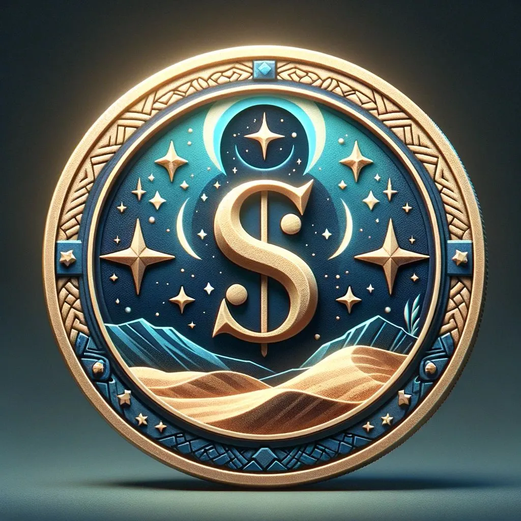 13 - A 3D fantasy game icon of a dollar coin, with a theme that captures the essence of a mystical night in a desert. The coin is designed in tones of dark.jpg