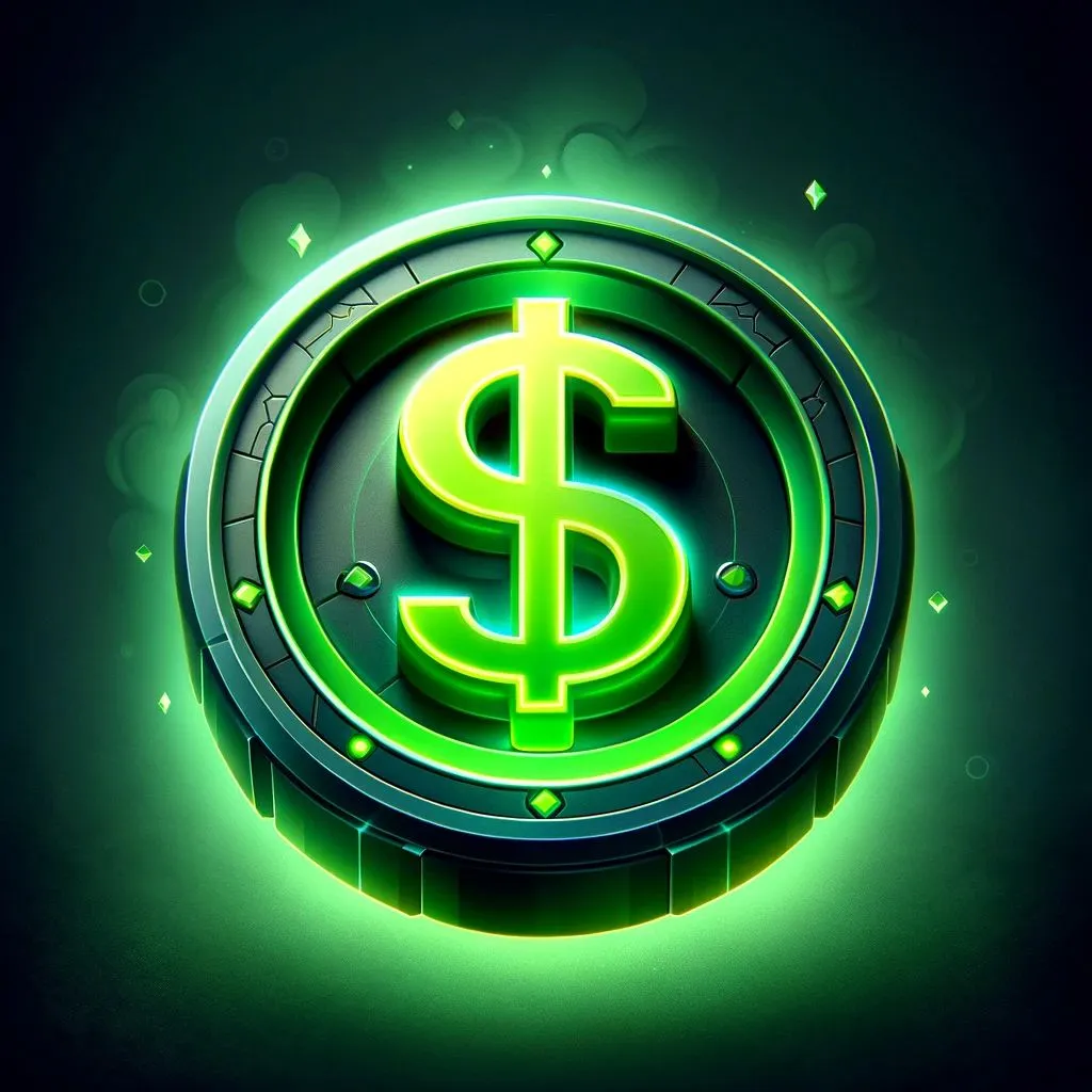 2 - A 3D fantasy game icon of a dollar coin with a unique twist. This coin features a vibrant green color with a glowing neon '$' sign in the center. The .jpg