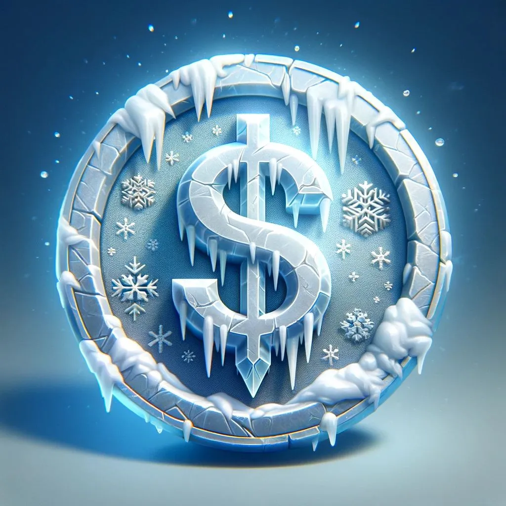 6 - A 3D fantasy game icon of a dollar coin, with an ice and snow theme. The coin is crafted from a crystal clear, icy material, giving the appearance of .jpg