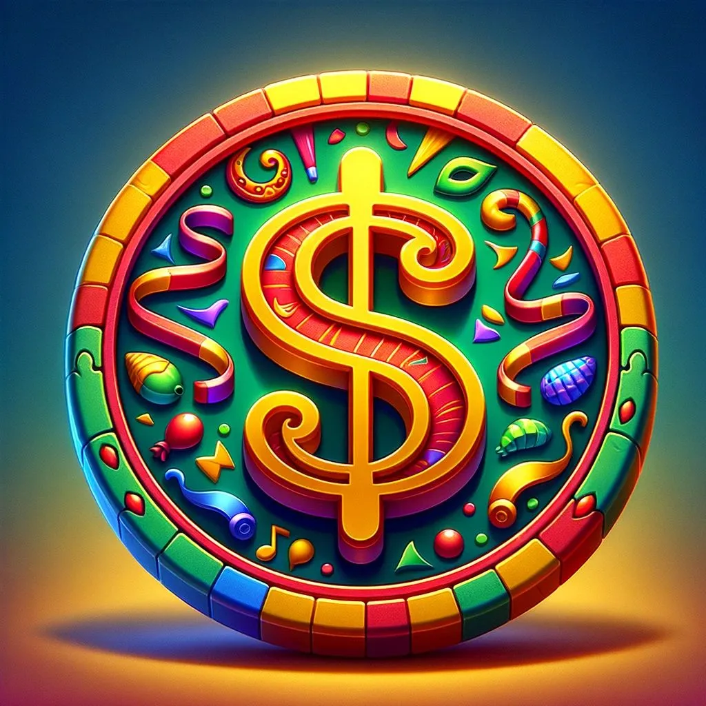 9 - A 3D fantasy game icon of a dollar coin, with a theme that embodies the spirit of a vibrant carnival. The coin is designed in bright, festive colors l.jpg