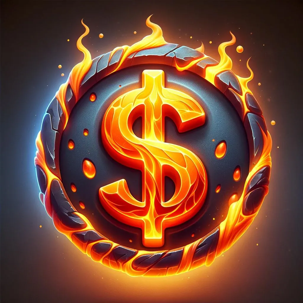 7 - A 3D fantasy game icon of a dollar coin, designed with an elemental fire theme. The coin appears as if it's forged from flowing lava, with bright oran.jpg