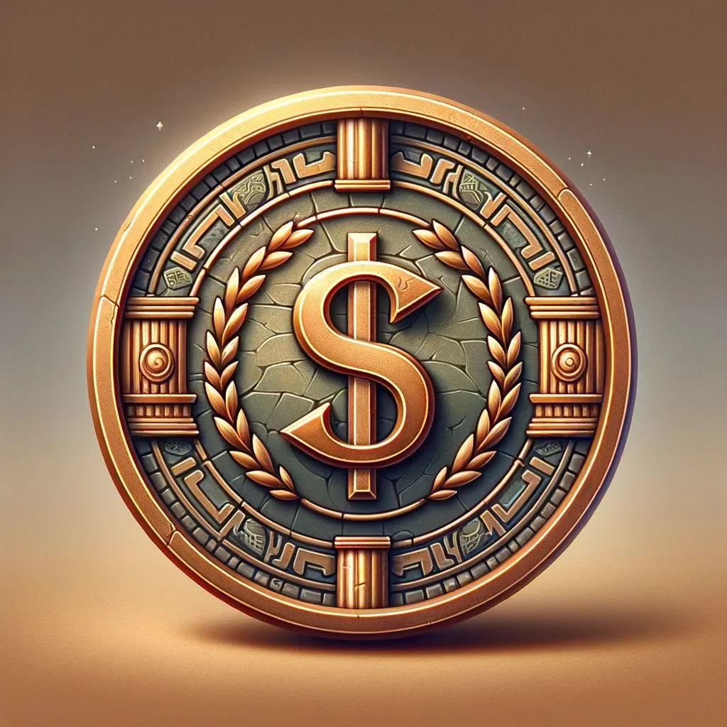 14 - A 3D fantasy game icon of a dollar coin, with a theme inspired by ancient Roman mythology. The coin is crafted from a lustrous, aged bronze material, .jpg