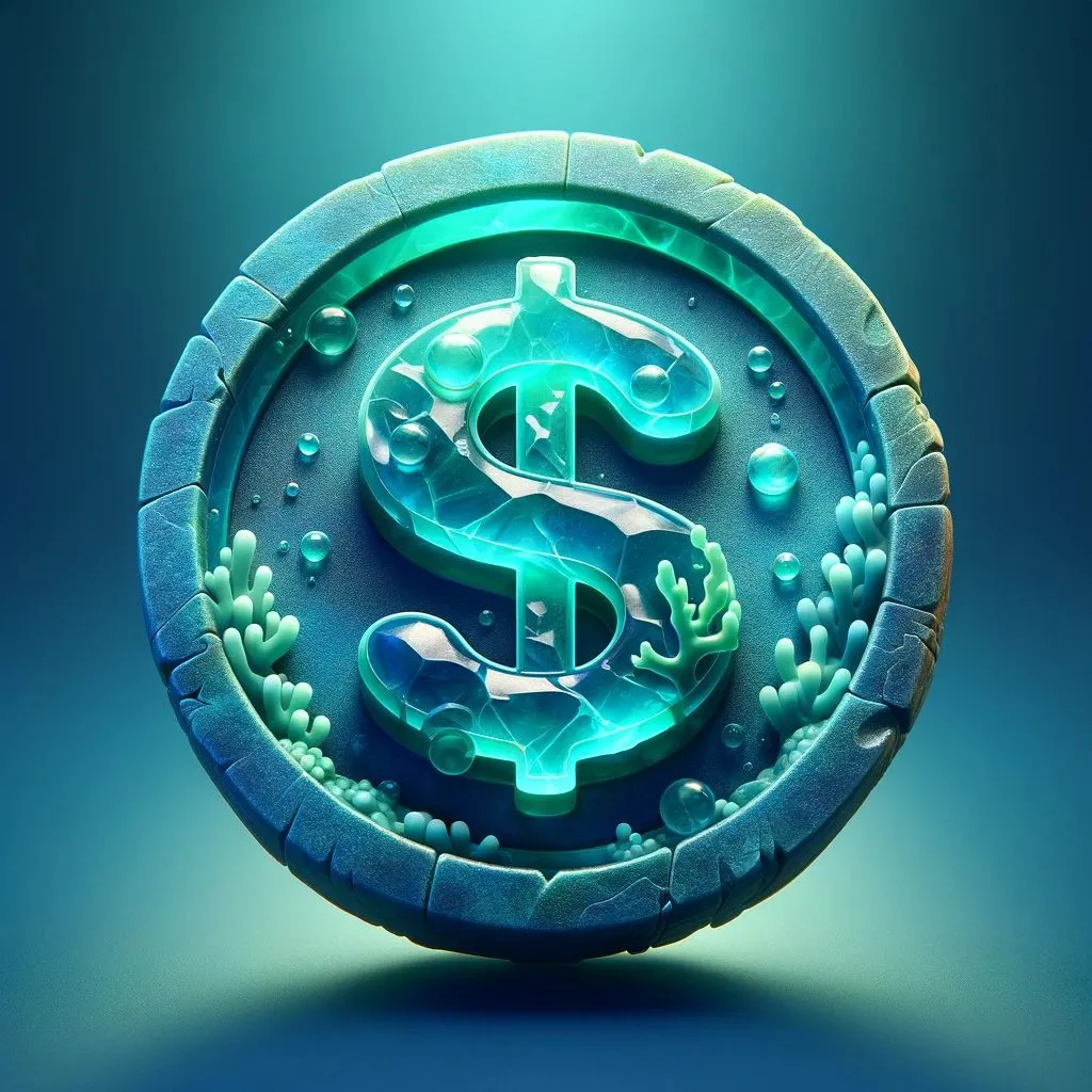 5 - A 3D fantasy game icon of a dollar coin, with a theme inspired by underwater treasures. The coin is crafted from a shimmering teal material, reminisce.jpg