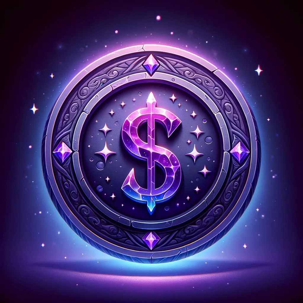 3 - A 3D fantasy game icon of a dollar coin, with a mystical theme. This coin is made of a deep purple amethyst-like material, with a holographic '$' sign.jpg