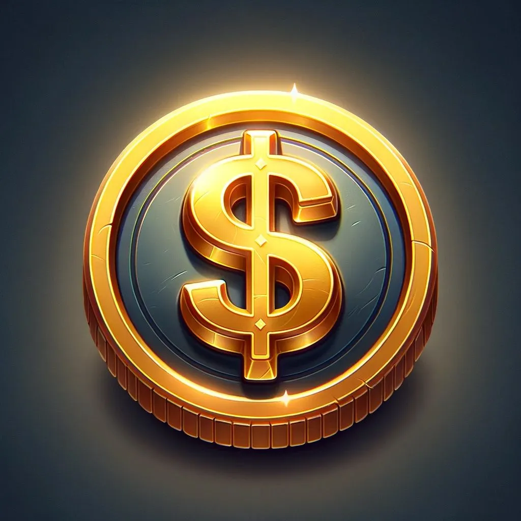 1 - A 3D fantasy game icon of a dollar coin. The coin is shiny and golden, with a large, embossed '$' sign in the center. The edges of the coin are slight.jpg