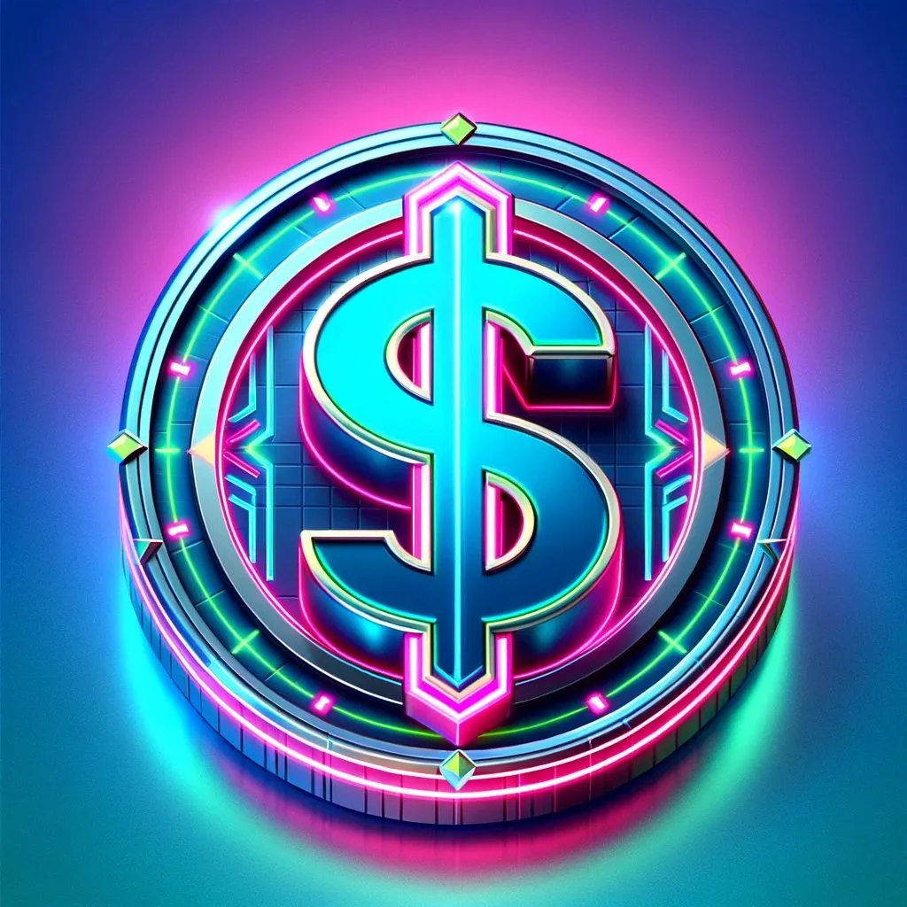 4 - A 3D fantasy game icon of a dollar coin, designed with a futuristic cyberpunk theme. The coin is made of a sleek, metallic blue material with neon pin.jpg