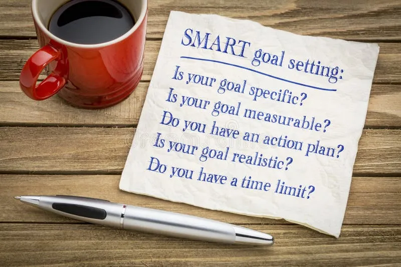 SMART goal setting - napkin concept. Tips and questions on SMART goal setting - handwriting on a napkin with a cup of coffee stock images