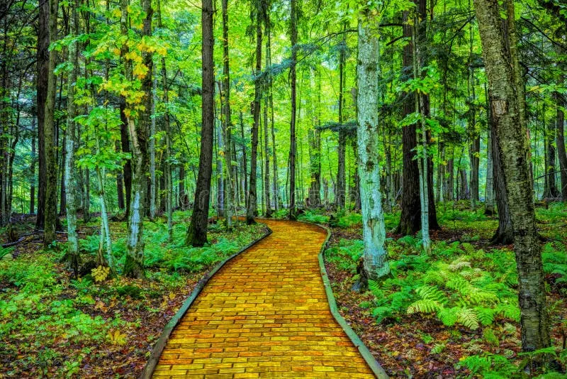 Yellow brick road through forest. Wizard of Oz fairytale yellow brick road leading through a lush wooded green forest stock image