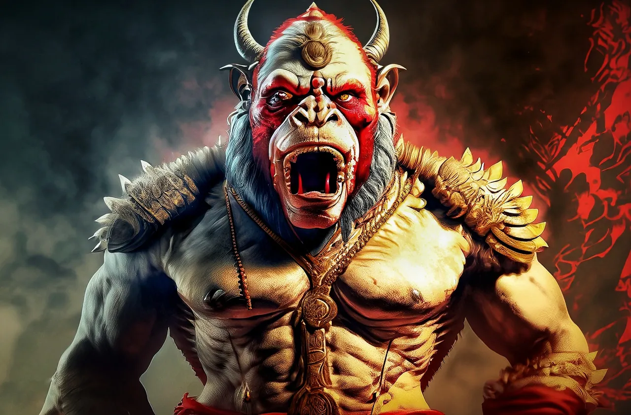 Firefly_lord+hanuman the monkey god with great warrior body abs with red eyes and negative avatar aggressive shouting extremely detailed_graphic,concept_art,fantasy,dramatic_light,warm_colors,digital,steampunk,dark,misty,wood_-01.jpeg