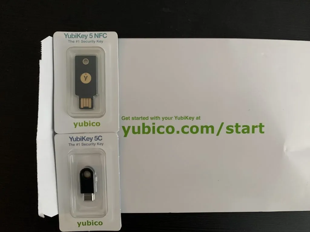 Two YubiKeys on envelope.