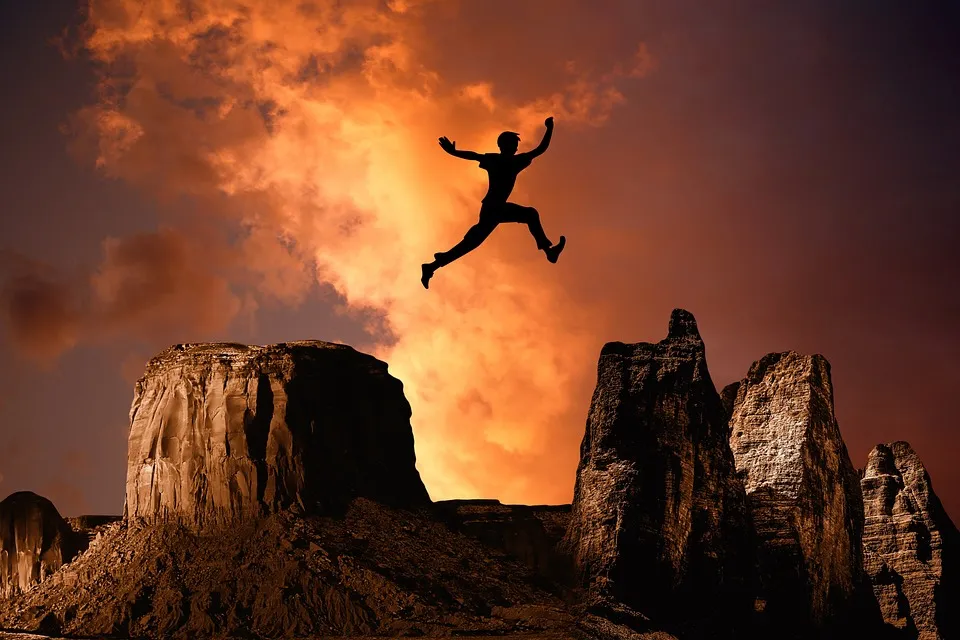 Mountain, Jump, High, Rock, Boy, Silhouette, Leisure