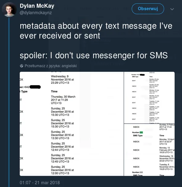 Dylan McKay na Twitterze: "metadata about every text message I've ever received or sent spoiler: I don't use messenger for SMS"