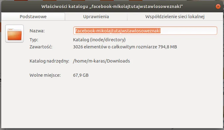Właściwości folderu z moimi danymi z Facebooka