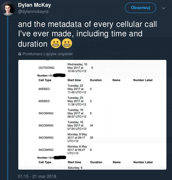 Dylan McKay na Twitterze: "and the metadata of every cellular call I've ever made, including time and duration"