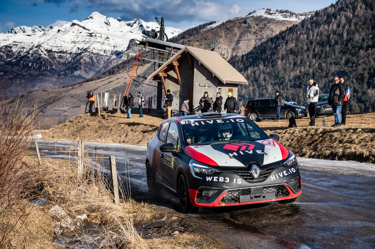 Hive rally car driving on icy roads at 2024 Rally Monte Carlo