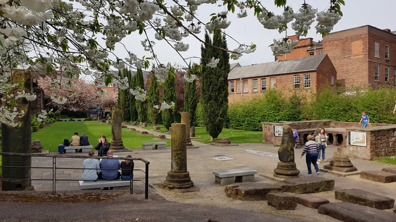 A picture of the Roman gardens taken in the shadow of the walls.