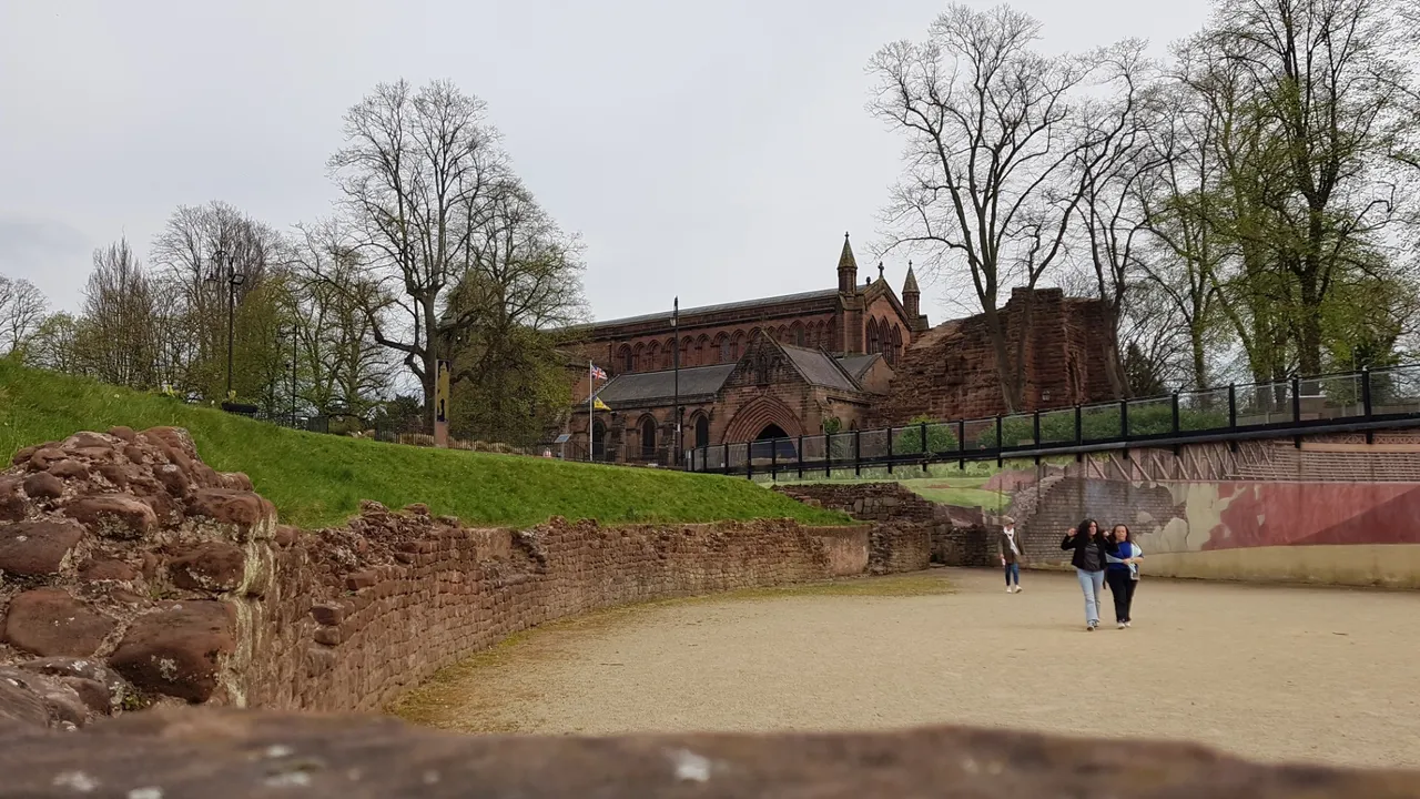 View of the Roman amphitheatre from ground level.