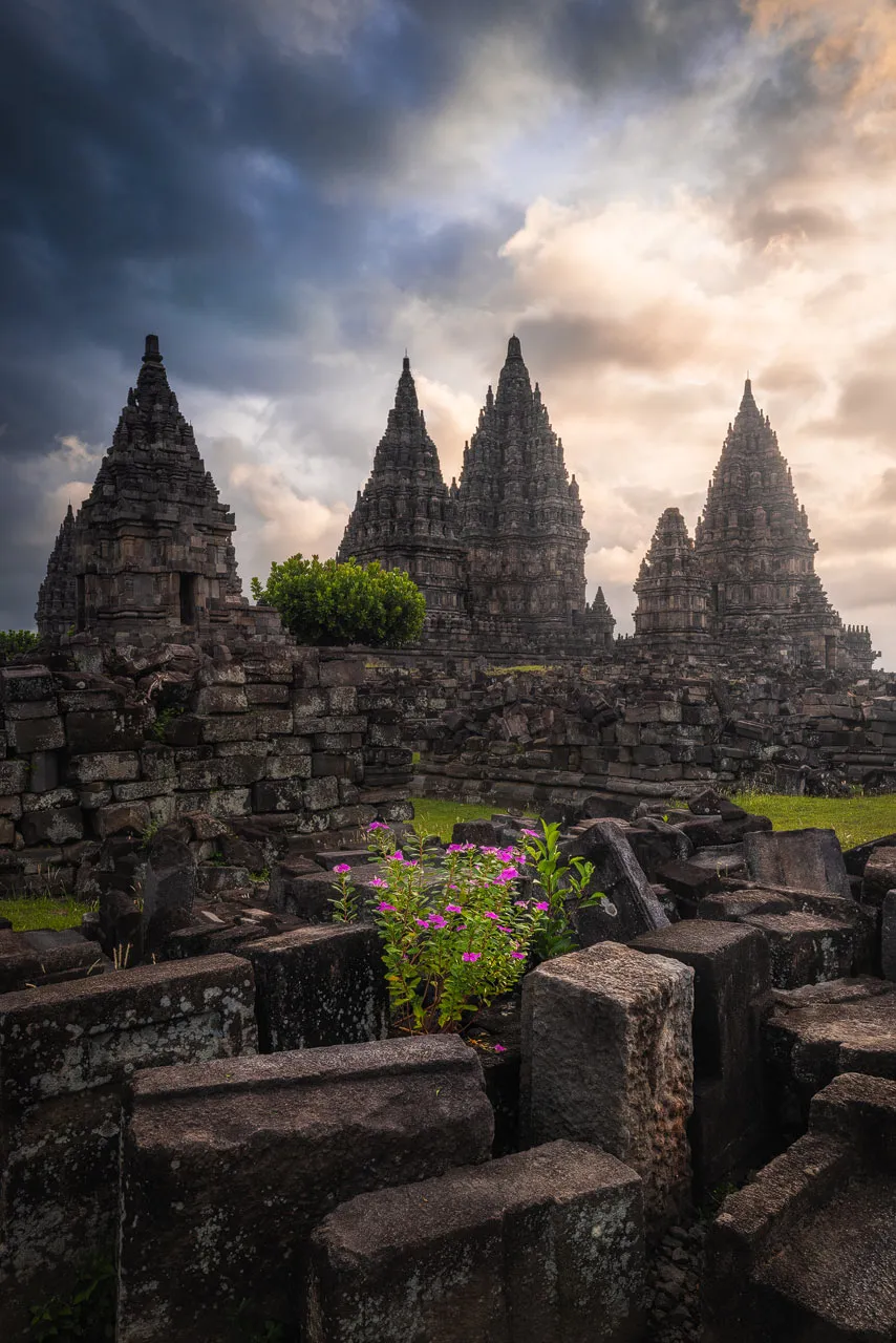 The famous Prambanan temple in Yogyakarta in warm evening light