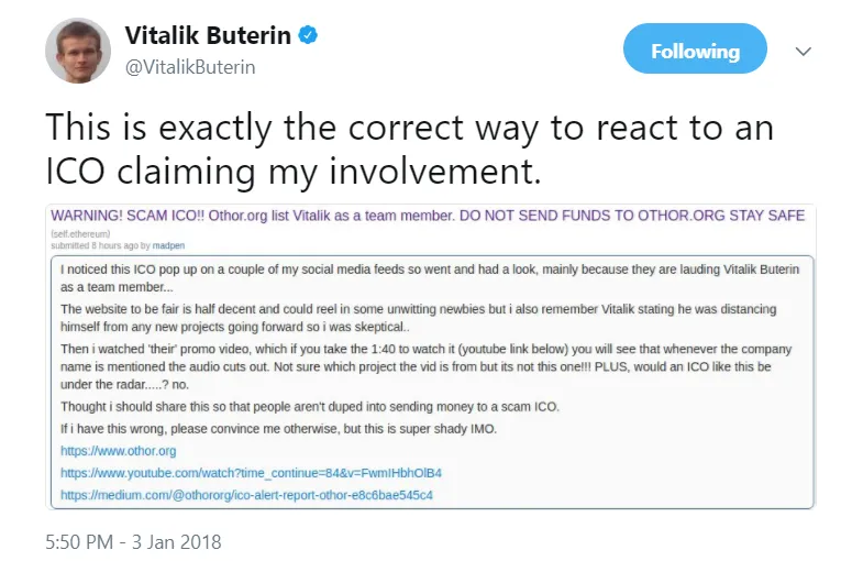 Vitalik Buterin on Twitter   This is exactly the correct way to react to an ICO claiming my involvement  https   t co v5Sw0N51l3 .png